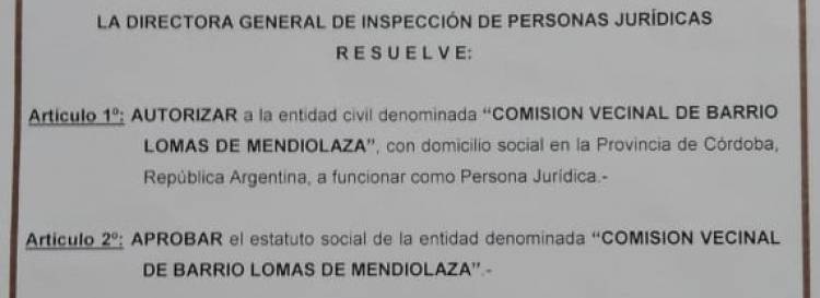 Lomas de Mendiolaza: Primer Comisión en ser reconocida con Personería Jurídica