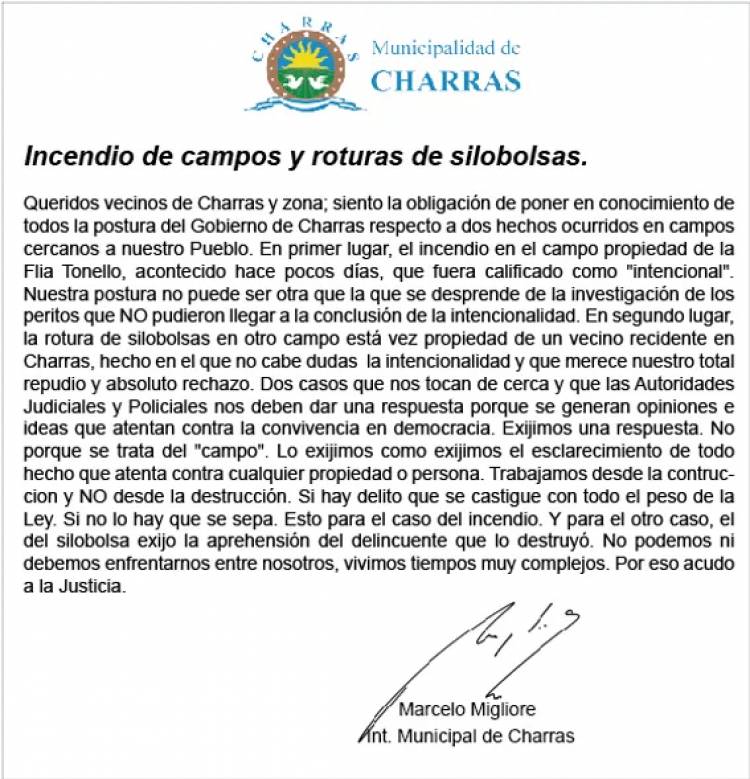 El Intendente de Charras condenó los ataques a silo bolsa en su localidad.